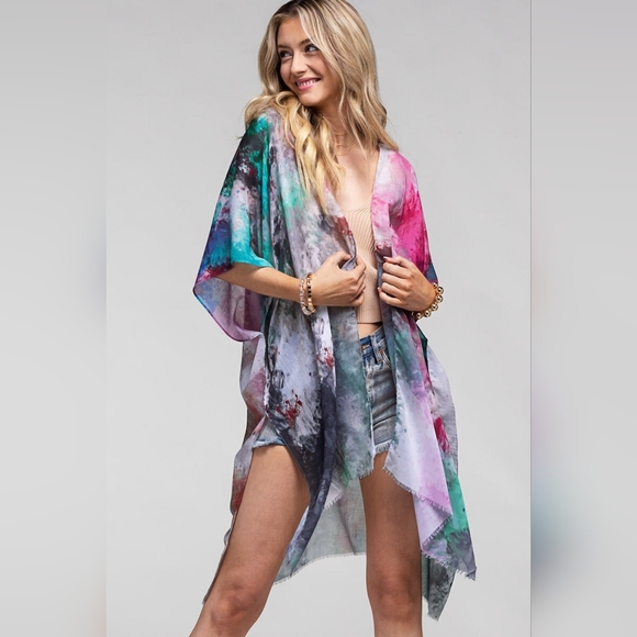 Watercolor Print Kimono - Lightweight & Breezy - Charming & Edgy - Picture 4 of 5
